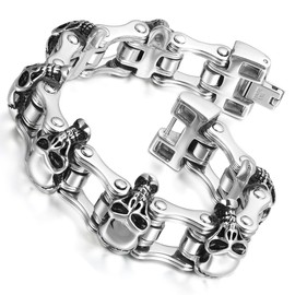 Cupimatch Mens Solid Stainless Steel Gothic Skull Bike Link Chain Bracelet 23cm