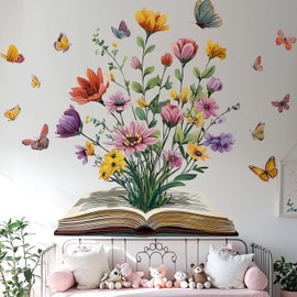 VePret Flowers Book Wall Decals Peel and Stick, Watercolor Floral Butterflies Wall Stickers & Murals, Removable Home Decor Art for Bedroom Living Room Classroom Office