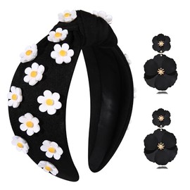 JERTOCLE Flower Headbands for Women Spring Summer Headband Daisy Floral Knotted Headband Twist Wide Top Knot Head Band Summer Beach Party Hair Accessories Headwear Gifts (Black)
