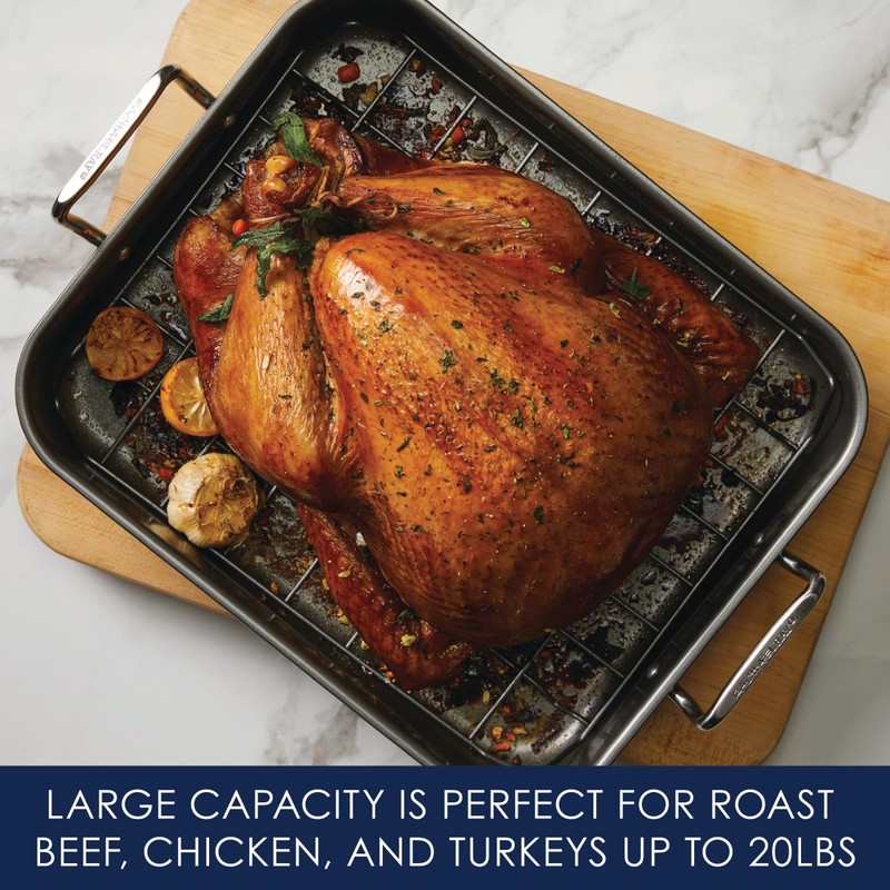 Rachael Ray Bakeware Nonstick Roaster/Roasting Pan with Reversible Rack, 16.5