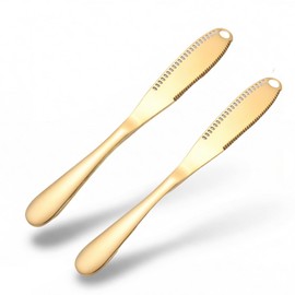 Q Qaangsd 2 gold-plated perforated cheese knives, butter knives, 3-in-1 stainless steel spreader, cheese and peanut spreader