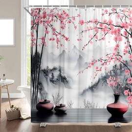 Cherry Blossom Shower Curtain Misty Forest Foggy Mountain Landscape Pink Flower Asian Japanese Ink Painting Spring Nature Scenery Bathroom Decor Curtains with Hooks