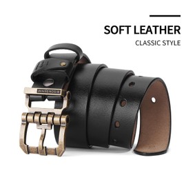BISON DENIM Men's Belt Leather Dress Genuine Leather Classic Heavy Duty Buckle Belt Casual for Jeans, Golden buckle + black belt, 110 cm, Fit for waist 33 cm - 36 cm