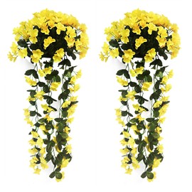 Artificial Hanging Flowers for Outdoors, 2 Pack Yellow UV Resistant Fake Flowers, Silk Flowers for Home Decor Indoor, Summer Flowers Artificial for Decoration for Porch Patio Balcony Planter Yar