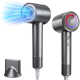 Hair Dryer, 110000 RPM High-Speed Brushless Motor Negative Ionic Blow Dryer for Fast Drying, Low Noise Thermo-Control Hair Dryer with Nozzle and Tri-Colour LED Light Ring for Home, Travel (Gray)