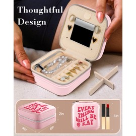 Bistup Travel Jewelry Case - Small Jewelry Organizers and Storage Box for Women Girls Teens Cute Traveling Jewelry Holder with Mirror Little Tiny Compact Modern Unique Aesthetic Pretty, Words