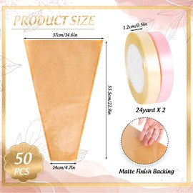 Whaline 50 Pcs Kraft Flower Wrapping Bags Mother's Day Clear Floral Bouquet Cellophane Sleeves with Ribbon Brown Florist Packaging Supplies for Wedding Graduation Anniversary Birthday, Large