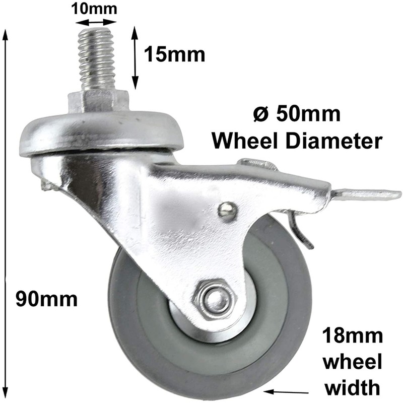 SPARES2GO Universal Braked Swivel Castor Trolley Wheels M10 Screw Mini