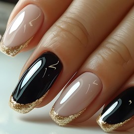Gold French Tip Press on Nails Medium Coffin Fake Nails Gold Glitter Acrylic Nails Press ons with Black White Design Glue on Nails Glossy False Nails Full Cover Stick on Nails for Women Girls 24Pcs