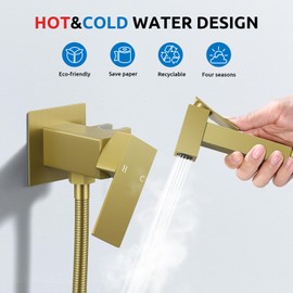 Arofa Warm Water Bidet Sprayer for Toilet with Hot and Cold Rough-in Valve, Hands-Free Handheld Bidet with Adjustable Water Flow, Square Toilet Sprayer with Bidet Hose for Feminine Wash, Brushed Gold