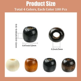 PONABEADIY 1 Box 400PCS 4 Colors 12MM Large Hole Wooden Beads Barrel Assorted Wood Hair Vintage Mixed Color Round Macrame Loose Spacer Charms Bead for Jewelry Making Bracelet Necklace Diy Craft Supply