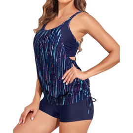 Holipick - Traje de baño tankini para mujer, dos piezas, control de abdomen, parte superior tankini con pantalones cortos deportivos para niño, Raya azul marino, X-Large