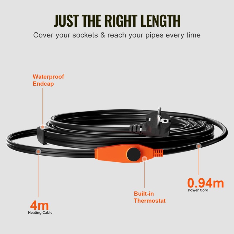 VEVOR PFPC1-1A012 Self-Regulating Pipe Heating Cable, Black, 4 m