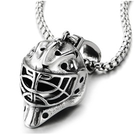 COOLSTEELANDBEYOND Men's Hockey Mask Pendant Necklace, Stainless Steel, Goalkeeper Mask Design, 60 cm Steel Wheat Chain, Stainless Steel, No Gemstone