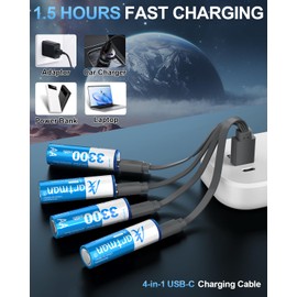 Artman USB Rechargeable AA Lithium Batteries, 3300mWh Double A Batteries with 4-in-1 USB-C Charging Cable, 1.5V Rechargeable Lithium AA Battery for Blink Camera, Remote Controller, Flashlight (4 Pack)
