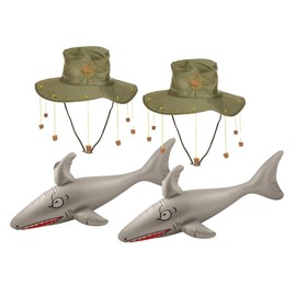 Lizzy 2 Pack Adult Australian Cork Hats Inflatable Shark 90cm | Australia Day Fancy Dress Set | Crocodile Hunter Man Outback Explorer Hat & Shark Prop for Costume Parties (Hat with Inflatable Shark)