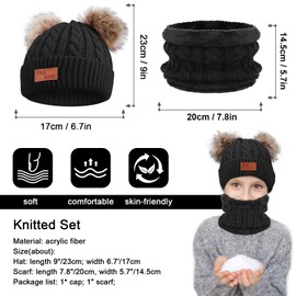 Tagvo Winter beanie and scarf set for children, winter thick fleece thermal knitted hat and scarf set, for boys and girls, 3-6 years, black