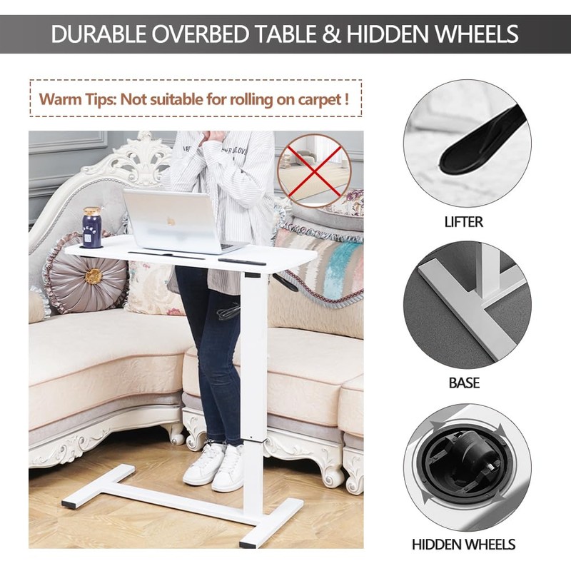 Over Bed Table Pneumatic Adjustable Height Stand Desk with Hidden