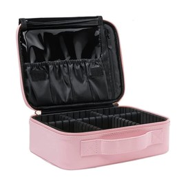 Hometric Make up Organizer Bag with Makeup Brush Set for Women, Cosmetics Organizer Vanity Case Storage with Adjustable Compartments for Travelling (Pink)