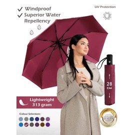 Windproof Travel Umbrella - Compact, Light, Full Automatic Open/Close - Folding Backpack Umbrella for Rain & Sun UV Preotection For Men & Women, Unbreakable 8 Fiberglass Ribs UK Design (Burgundy)