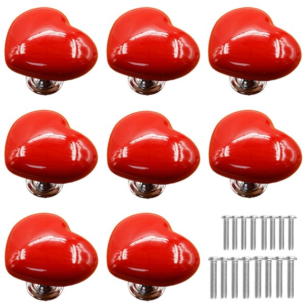Tverghvad Ceramic Heart Dresser Knobs, [8 Pack] Lovely Red Heart