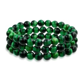 Bling Jewelry Set of 3 Semi Precious Gemstone Green Tiger Eye Round Bead 8MM Stacking Stretch Bracelet for Women Men Teen Unisex Single Strand