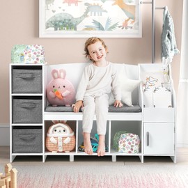 TackView Modern Kids Bookshelf with Reading Nook,52.75” Toddler Bookcase with Seat Cushion&Storage Bag,Storage Bench with Book Rack for Nursery/Bedroom/Entryway/Playroom/Study(White)