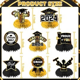 8Pcs Masters Graduation Decorations Honeycomb Centerpiece,3D Black Gold Mastered It Class Of 2024 Masters Party Decorations Honeycomb Centerpiece, Masters Degree Graduation Decorations
