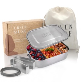 GREEN MUSE Brotdose Edelstahl 1400ml I Lunchbox mit 3 Fächern & Ersatzdichtung I auslaufsicher I Ideal als Brotzeitbox für Kindergarten, Schule, Arbeit, wandern (Kinder & Erwachsene)