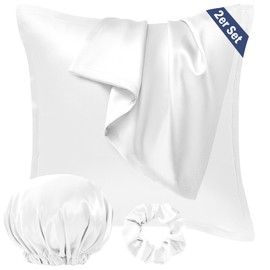 Seiwohl Satin Cushion Cover 80 x 80 cm, Set of 2 Satin Pillowcase Cushion Cover for Hair and Skin, Similar to Silk, White, with Hair Tie and Hair Cap
