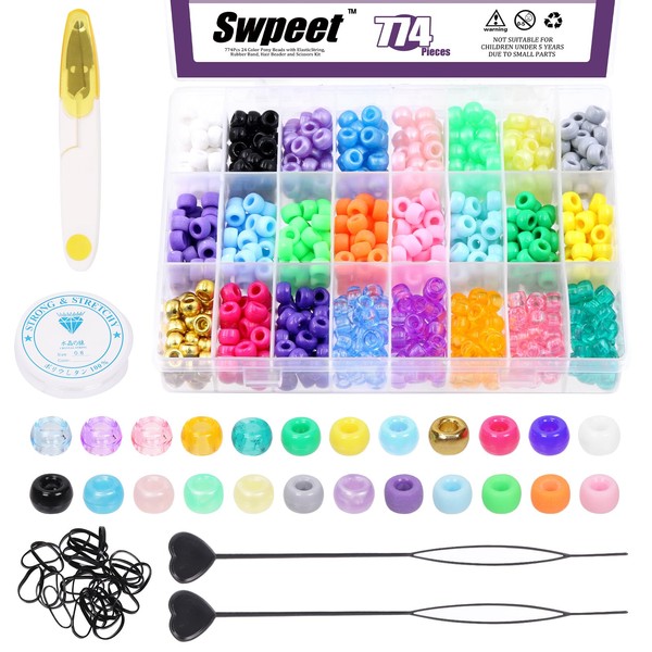 Swpeet 774Pcs 24 Colors Beads for Hair Braids Kit, Hair Beaders Rubber Bands, Including Candy Pony Beads, Elastic Rubber Bands, Quick Beaders for Kids Hair Braids, Scissors and Bead Thread