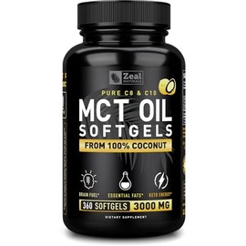 Zeal Naturals Pure MCT Oil Capsules - 3000mg, 360 Softgels |C10, C8 MCT Oil Unrefined Coconut | Energy Support & Brain Fuel Supplement | Gluten-Free