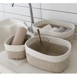Pykrudo Woven Cotton Rope Storage Basket Set of 3, Toy Basket Storage Baby Storage Organiser Bathroom Storage Baskets for Make up Cupboard Drawer Closet Shelf