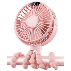 SWEETFULL Portable Stroller Fan with LED Display, 4 Speed Rechargeable Mini Clip On Fan, 360° Rotate Flexible Tripod Better Cooling Small Baby Fan for Car Seat Crib Travel Bike Treadmill (Pink)