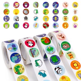 2000 Pcs Cartoon Motivational Stickers, 4 Rolls Kids Reward Stickers Bulk, Round Animal Stickers for Teachers Elementary, Classroom Supplies for Toddlers Children Students, Positive Words Stickers