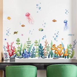 BWCXXZH Under The Sea Wall Decals Ocean Room Decor, Coral Reef Seaweed Jellyfish Fish Removable Wall Stickers, Sea Life Stickers Wallpaper for Kids Baby Nursery Bedroom Playroom Bathroom Living Room