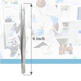 Stainless Steel High Precision Forceps with Fine Strong Straight Serrated Point to use Engineer Labware for Scientific Use 6" (15.2 cm), (6 Inch)