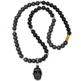XHUUU Lava Stone Beaded Chain Black Obsidian Skull Choker Necklaces for Women Men Hand Carved Gemstone Cool Necklace Strand Unisex