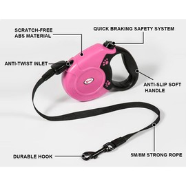Qttie 8M Retractable Dog Leash, Hands Free Long Dog Lead,Heavy Duty Dog Walking Leash for Dog, Cat up to 40 kg, 360° Tangle-Free Strong Nylon Tape, Anti-Slip Handle, Brake,Pause,Lock (Pink)