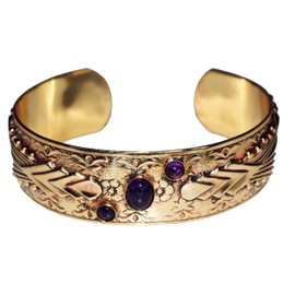Elaine Coyne Collectible Artwear Art Deco Mirror Brass Cuff - Amethyst