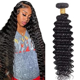 Jucames Echthaar, brasilianisch, lockig, natürlich, tief, gewellt, Echthaar, brasilianisch, unbehandelt, Extensions, doppelt, natürliche Farbe, Schwarz, 61 cm