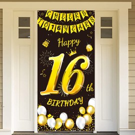 DPKOW Black Gold 16th Birthday Decoration for Boy Girl, Black Gold 16th Birthday Banner for Background Door Decoration, 16th Birthday Door Banner for Garden Table Wall Decoration, 185 x 90 cm Fabric