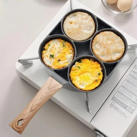 Unbranded 4 Holes Egg Fry Pan Pancake Maker Non-stick Egg Hamburger Pan W/ Wooden Handle