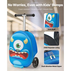 VEVOR Ride-on Luggage, 20 L Capacity, 20 Inches Kids Scooter Suitcase with Flash PU Wheels, Adjustable Handle & TPR Non-Slip Grip, Foldable & Lightweight Scooter Luggage for Kids Aged 5+, Blue