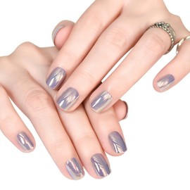 Light Grey Metallic Mirror Press On Nails Short Squoval False Nails Nail Art Tips Salon Manicure Kits Acrylic Fake Fingernails