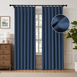 Pinch Pleat Curtains 2 Pages Linen Textured Waffle Weave Full Blackout Curtains for Bedroom Living Room Darkening Thermal Insulated 95 Inch Back Tab Pinch Pleated Drapes 40" W x 95"L, Navy Blue