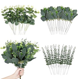 60 Pcs 3 Kinds Mixed Artificial Eucalyptus Leaves Stems, Fake Silver Dollar Eucalyptus Leaves Stems Bulk Fake Plants, Real Touch Leaf Branches For Wedding Home Vase Bouquets Floral Greenery Decor