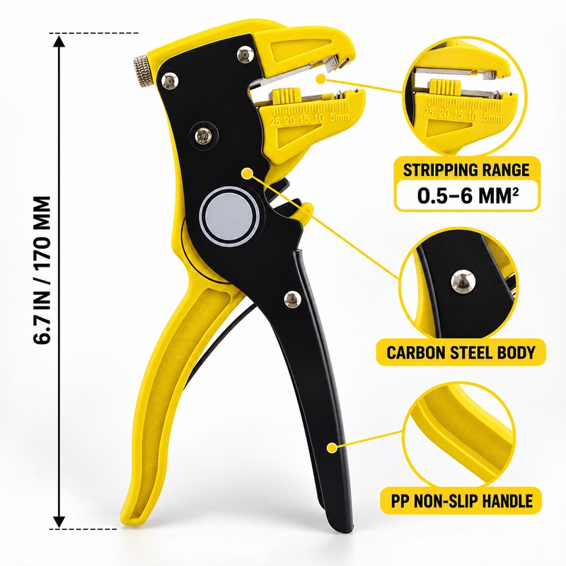 Bomurph 6.7-Inch Automatic Wire Stripper and Cutter, Adjustable 0.5-6mm Cable