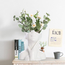 Female Head Vase,Human Body Vase,Small Flower Vase,White Ceramic Vase,Face Vase,Modern Vase for Garden Home Living Room Decor,Table Art Statue Indoor Outdoor (Small, C)