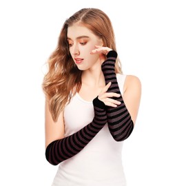 Bellady 3 Pairs Striped Arm Warmers Fingerless Gloves for Women, Coffee, One Size